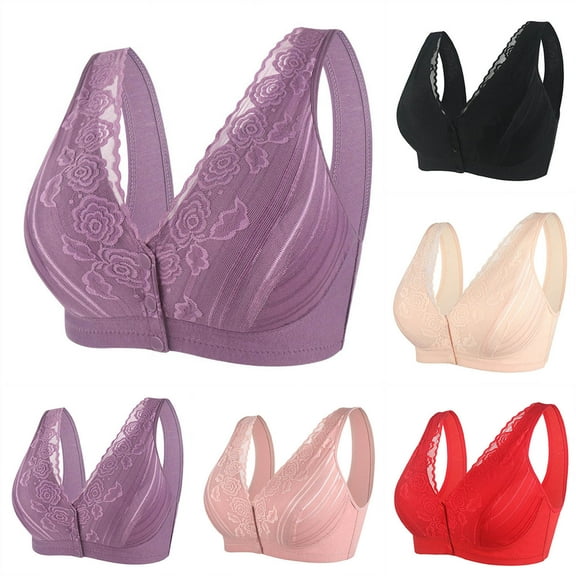 HVOBTTY Womens Front Closure Bra, Bras for Women Plus Size, Woman's Solid Color Large Lace Front Button Bra Wide Shoulder Strap Style Underwire Breathable Plus Size Bra Purple, L