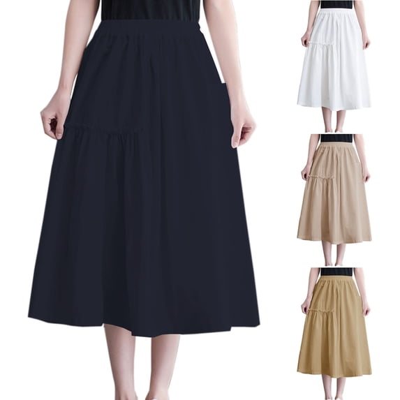 HVOBTTY Womens A Line Long Skirts, Summer Skirt for Women, Womens Casual Solid Color Elastic Waist Pocketed Ruffled Lightweight Daily Midi Skirt Brown, M