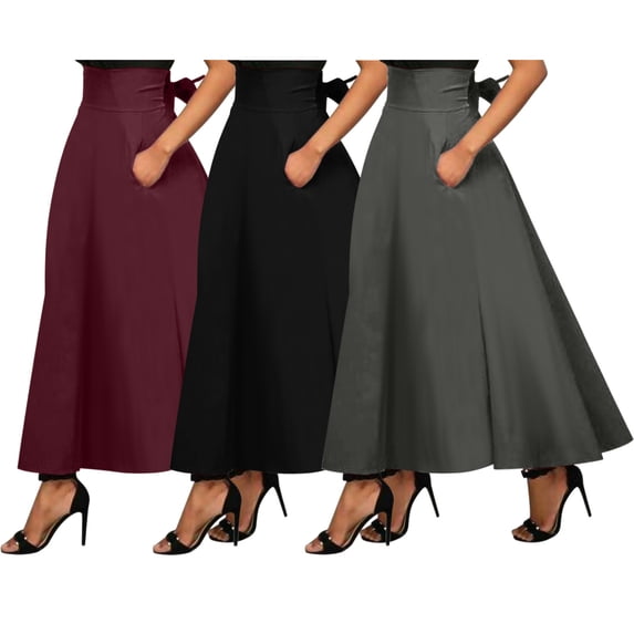 HVOBTTY Womens A Line Long Skirts, Summer Skirt for Women, Womens Fashion Casual Solid Color Waist High Waist Flared Comfortable Elegant Daily Midi Skirt Black, M