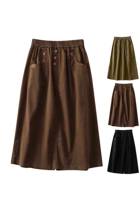 Womens A Line Mid Length Skirts, Summer Skirt for Women, Womens Casual Soid Color Loose High Waist Ruffled Split Button Pocket Midi Calf Length Daily Formal Skirt Black, XXL