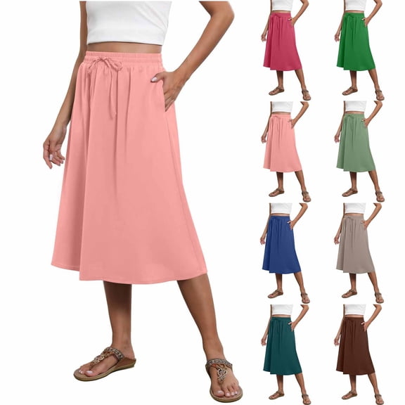 HVOBTTY Womens A Line Mid Length Skirts, Summer Skirt for Women, Womens Casual Solid Color Drawstring Side Pocket Loose Lightweight Daily Outdoor Midi Skirt Hot Pink, M