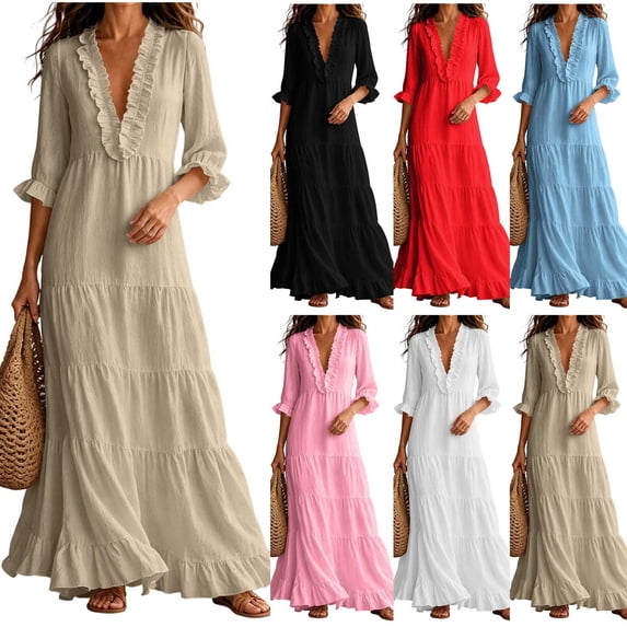 HVOBTTY Womens Maxi Dress Deep V Neck Ruffle 3/4 Sleeve red Solid Color Long Romantic