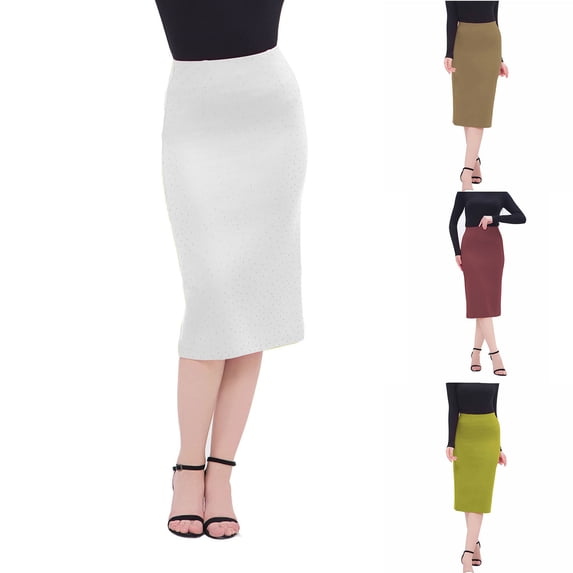 HVOBTTY Womens Pencil Mid Length Skirts, Summer Skirt for Women, Womens Fashion Solid Color Rhinestone High Waist Elastic Elegant Daily Formal Midi Skirt White, XXL