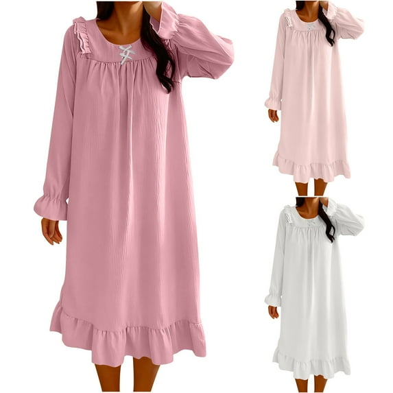 HVOBTTY Womens Pullover Soft Nightdress, Nightgowns for Women, Women's Casual Solid Color Loose Long Sleeve Round Neck Nightgown Sleep Dress Beige, L