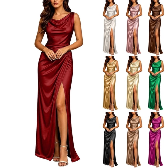 Resource Protection HVOBTTY Womens Satin Gown V Neck Sleeveless Ruched High Waist Slit ...