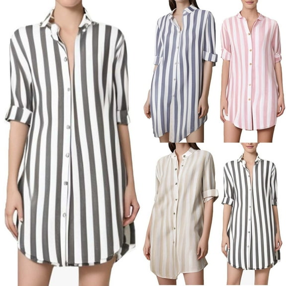 HVOBTTY Womens Shirts Dressy Casual, Fall Tops for Women Plus Size, Women's Plus Size Striped Printing Loose Casual Shirt Button Top Long Sleeve Stand-up Collar Blouse Black, XXXL