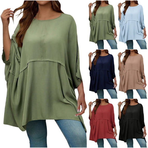 HVOBTTY Womens Shirts, Fall Tops for Women Plus Size, Women's Large Size Solid Color Loose Comfortable Batwing Sleeve Shirt Long Sleeve Round Neck Top/Shirt Green, XXXL