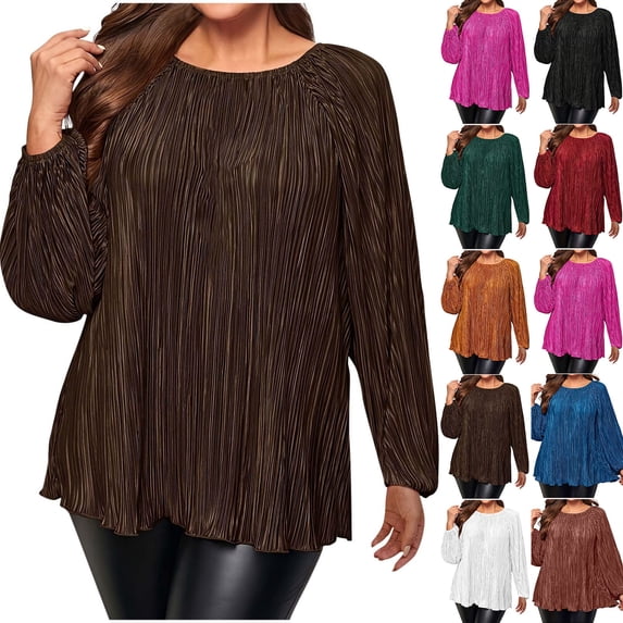HVOBTTY Womens Shirts, Fall Tops for Women Plus Size, Women's Large Size Loose Casual Pearl Pleated Round Neck Long Sleeve Top Brown, XL