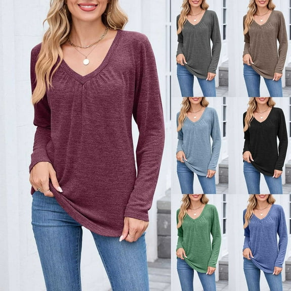 HVOBTTY Womens Shirts, Fall Tops for Women, Women's Solid Color Blouses Long Sleeved V-Neck Pleated Pullover Casual Fashion Top Wine, S