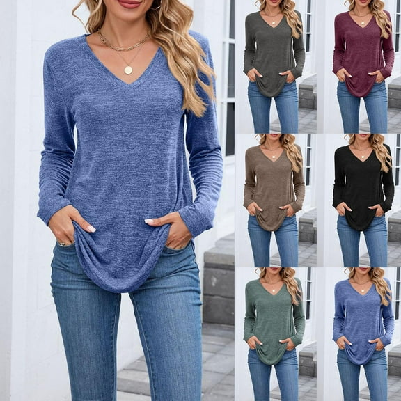 HVOBTTY Womens Shirts, Fall Tops for Women, Women's Solid Color Blouses Long Sleeved V-Neck Pullover Casual Fashion Top Blue, L