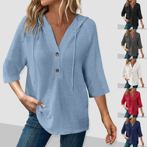 HVOBTTY Womens Shirts, Fall Tops for Women, Women's Solid Color Button V-neck Casual Pullover Hooded Drawstring Sky Blue, S