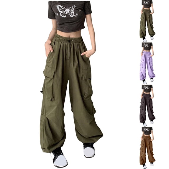 HVOBTTY Womens Straight Leg Cargo Pants, Summer Pants for Women, Womens Casual Solid Color High Waisted Wide Leg Loose Outdoor Daily Cargo Pants with Pockets Purple, S