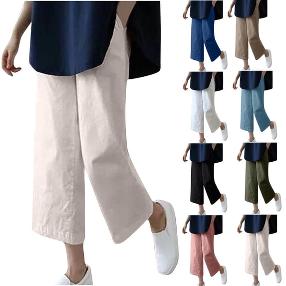 HVOBTTY Women's Fall Straight Leg 7/8th Trousers Linen Light Fabric Loose Casual Daily Style Pants