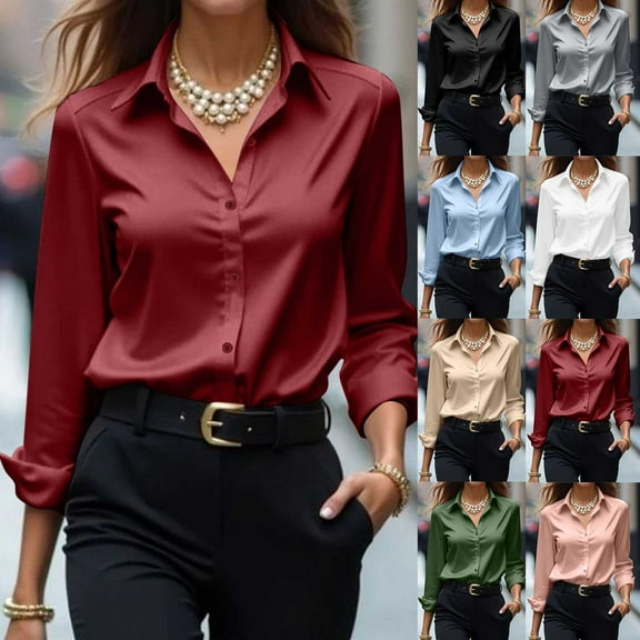 HVOBTTY Womens Tops, Long Sleeve Shirts for Women， Women Solid Spring/Fall Temperament Satin Lapel Top Shirt Green S