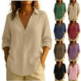 thumbnail image 1 of HVOBTTY Womens Tops, Long Sleeve Shirts for Women， Women's Fashionable Casual Linen Solid Color Lapel Long Sleeved Button V-Neck Top Khaki XXL, 1 of 5