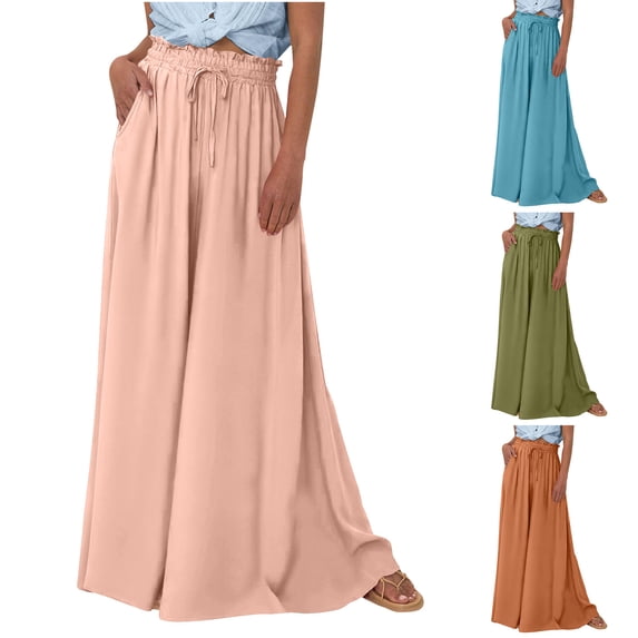 HVOBTTY Womens Wide Leg Trousers, Summer Pants for Women, Womens Fashion Comfortable Solid Color Drawstring Wide Leg Loose Daily Long Pants with Pockets Beige, XXL