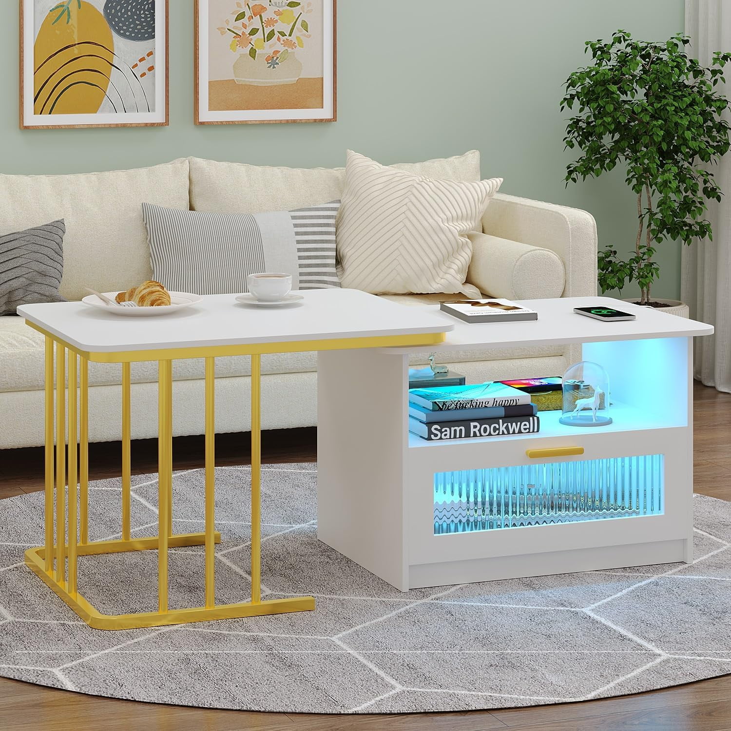 HVSDIMO LED Room Center with & Charging Station Living Room Tables