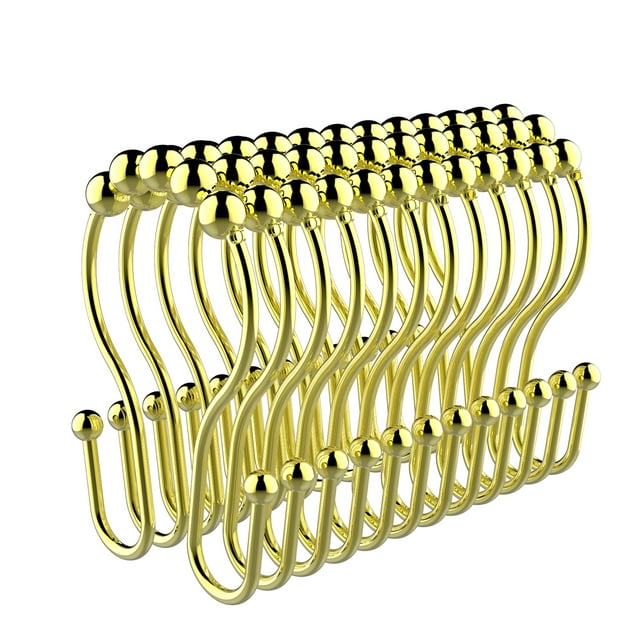 HVSEBOTO 12 Pack Plated Gold Shower Curtain Ring Hooks, Easy Glide Metal Rollerball Double Shower Hook