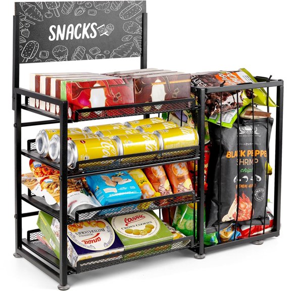 HW 4-Tier Snack Organizer for Countertop, Metal Candy Display Rack with Pull-Out Shelf, Chips Snack Display Holder for Counter with Baskets Frame for Kitchen Office Store Retail Display