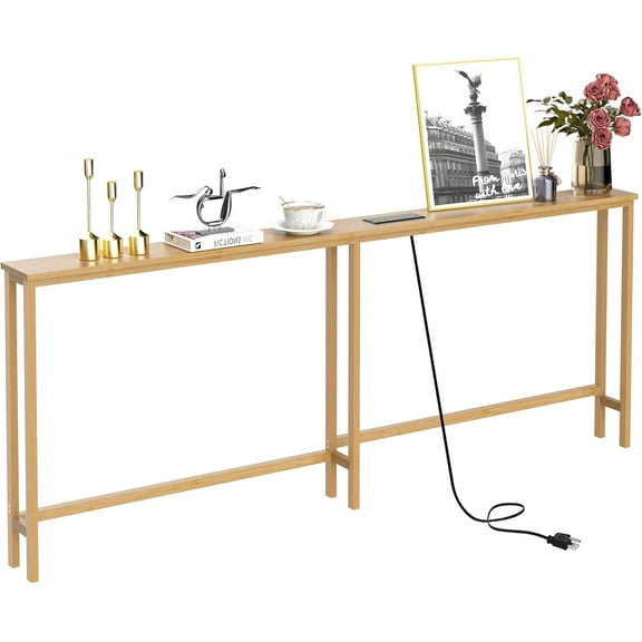 HW 70.9 Inch Narrow Console Table with Outlet,Bamboo Behind Couch Sofa Table,Skinny Hallway Table for Entryway Living Room,Foyer,Natural