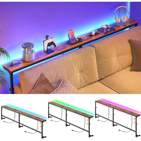 HW 79in Behind The Couch Table Skinny Adjustable Height Sofa Table with Outlet Narrow Console Table with LED Lights, Rustic Brown