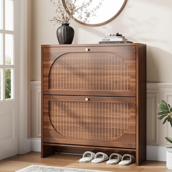 HW Arch-Chic Shoe Cabinet for Entryway, Modern Mid-Century Shoe Storage Cabinet with Fluted, Narrow Shoe Rack with Adjustable Shelves & Tipping Protection, Fits Size 12 Shoes,Luminous Walnut