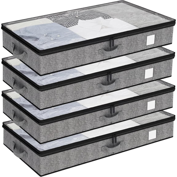 HW Under Bed Storage Containers 4 Pack, Reinforced Underbed Organizer Below 4.5 Inches Low Profile Clothes Storage Bins with Sturdy Sidewalls and Bottom