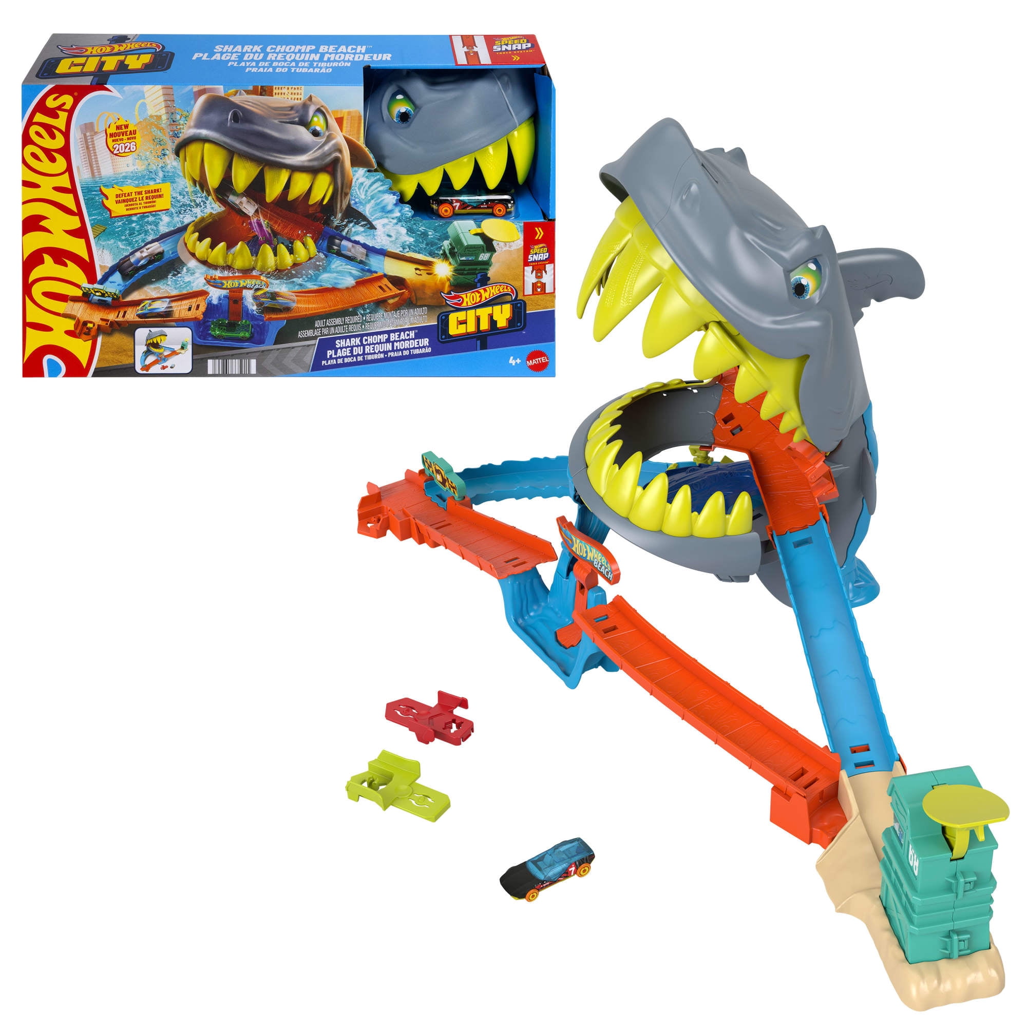 Hot Wheels City Shark Chomp Beach Playset & 1:64 Scale Die-Cast Toy Car, Big Win Moment