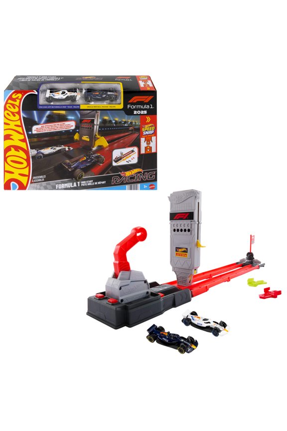 Racing Formula 1 Grid Start Track Set & 2 Die-Cast F1 Cars in 1:64 Scale