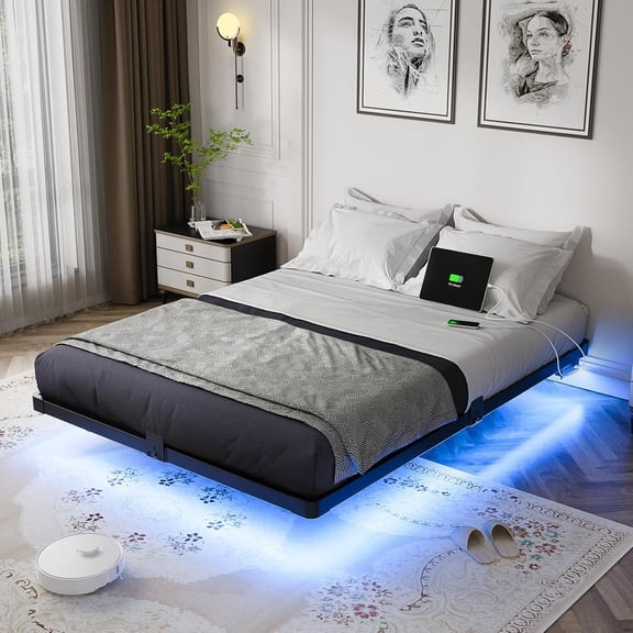 HW Floating Bed Frame Full Size with Smart LED Lights and Charging Station - Modern Metal Platform Bed, Easy Assembly No Box Spring Needed