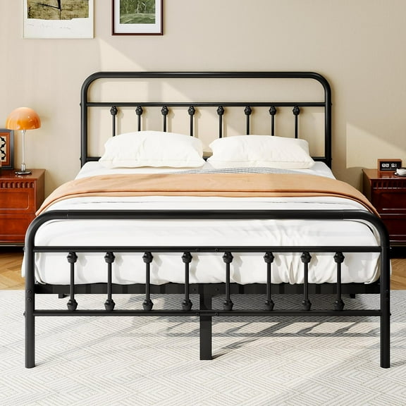 HW Full Size Metal Platform Bed Frame/Victorian Style Headboard and Footboard/Steel Slat Support/Easy Assembly/No Box Spring Needed/Underbed Storage/Noise Free/Black