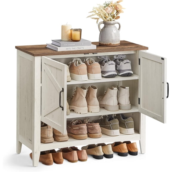 HW LIRY Collection - Shoe Cabinet, 3-Tier Storage Organizer, Shoe Shelf, Farmhouse Freestanding Cabinet, Height-Adjustable Shelf, 13.8 x 31.5 x 27.6 Inches, Rustic White ULBC038W01