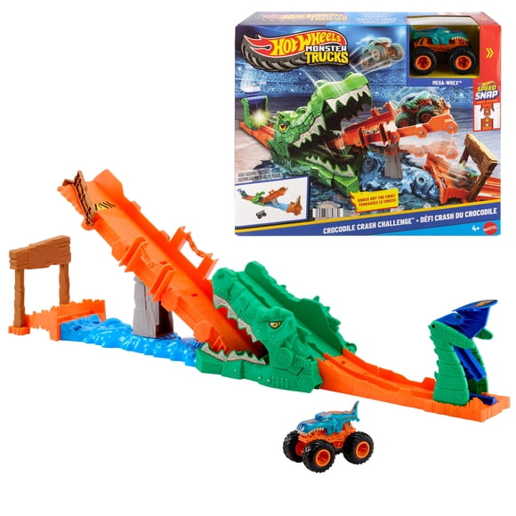 Hot Wheels Monster Trucks Crocodile Crash Challenge Playset & 1:64 Scale Mega-Wrex Toy Vehicle