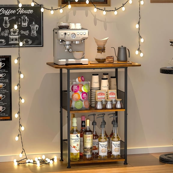 HW Mini Floor Standing Coffee Bar Shelf,3-Tier Small Coffee Table,Corner Farmhouse Coffee Bar Cabinet;Dining Room, Living Room-Capsules,Coffee Maker(Brown+Black)
