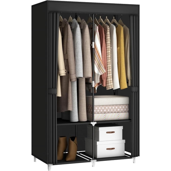 HW Portable Closet Wardrobe for Small Room, 35-Inch Clothing Organizer Storage Rack with 2 Clothes Hanging Rods and 4 Shelves, Non-Woven Fabric Cover, Black