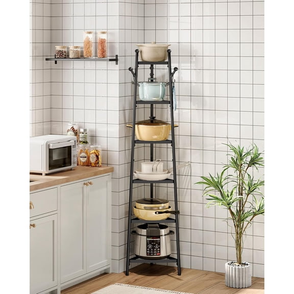 HW Pot Racks, 6-Tier Cookware Stand, Triangle Shelf Storage Tower for Kitchen, Pans Pots Storage Rack, Metal Wire Shelf Organizer, Corner Shelf, for Kitchen, Living Room, Black TPR15BB