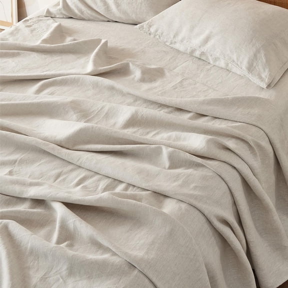 HW Queen Bed Sheets - Cotton Linen Sheet Set, PureWoven Soft, Breathable & Anti - Pilling, Deep Pocket Queen Fitted Bedsheets Up to 16 Inches, 4 Pieces, Linen