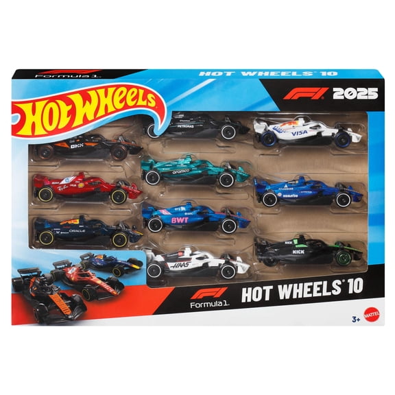Hot Wheels Formula 1 Set of 10 Die-Cast Toy Cars from 2025 in 1:64 Scale, 1 from Each F1 Racing Team