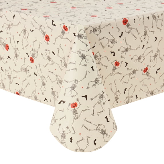 Way To Celebrate Halloween PEVA Tablecloth, For Table 60" x 84" - Skeleton Pumpkin Head Toss