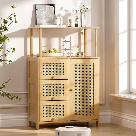 HW Sideboard Buffet Cabinet with Storage, Bamboo Storage Cabinets, Rattan Sideboard with Adjustable Shelf, Pantry Cupboard for Kitchen Living Room Entry Coffee Bar, Natural Color