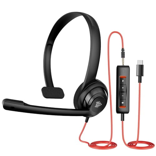 HW02 USB C/3.5 Headset with Microphone,Computer Headset with in-line Mute & Volume Control,Wired Headset for Laptop,Skype,Zoom,Call Center,Meetings,Webinar,Home,Black,HW02C-WY-NUBWO-BLACK