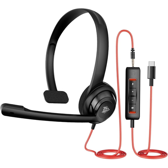 HW02 USB C/3.5 Headset with Microphone, in-line Mute & Volume Control | Ultra Comfort Headset for Laptop, Skype, Zoom, Call Center, Meetings, Webinar, (Black)