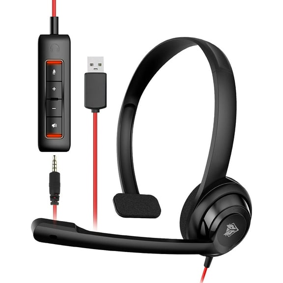 HW02 USB Headset with Microphone Noise Cancelling &in-line Control, Ultra Comfort Computer Headset for Laptop pc, On-Ear Wired Office Call Center Headphone for Boom Skype WebinarsBlack