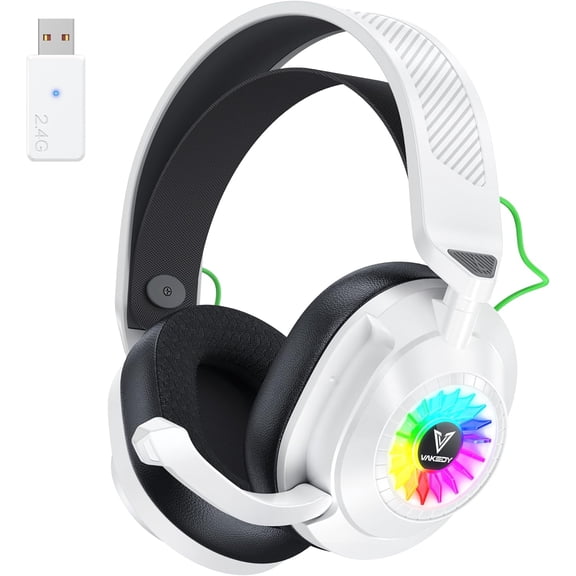 HW10 Wireless Gaming Headset for PS5, PS4, PC, Switch, Mac, 2.4GHz Wireless Gaming Headphone with Flip Noise Canceling Mic, 50H Battery, 50mm Drivers, RGB Lights (White/Black)