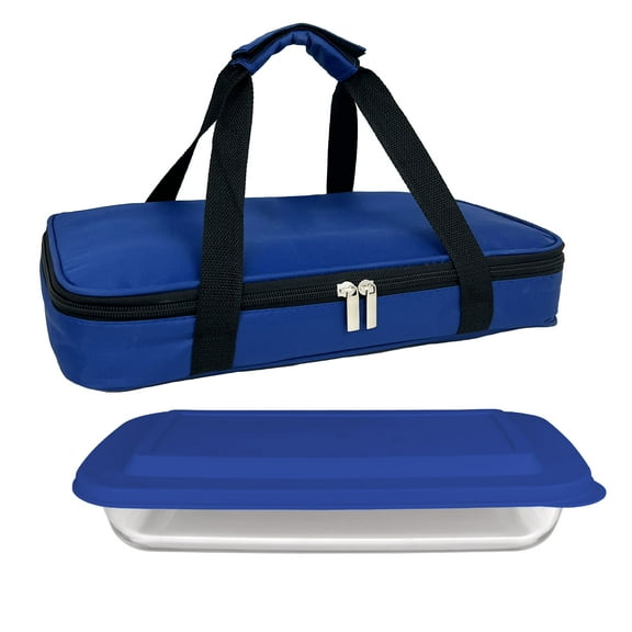 HW1218 Glass Casserole with Insulated Bag, Ideal for Picnic, Potluck, Hiking & Beach Trip-Retains Hot and Cold Temperature of Food, Overall Size 12"x 7.5"x 2" - Blue