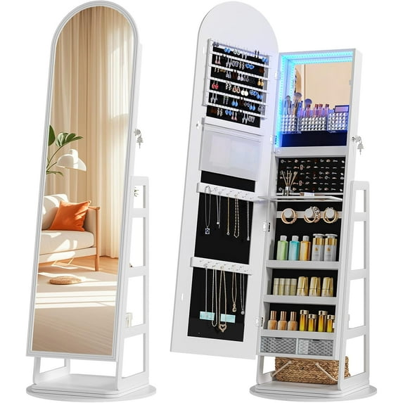 HWB Arched Mirror Jewelry Cabinet with Storage, LED Jewelry Armoire w/Full Length Mirror & 360° Swivel, Standing Jewelry Holder Organizer with Rear Storage Shelves & Hooks, Lockable - White