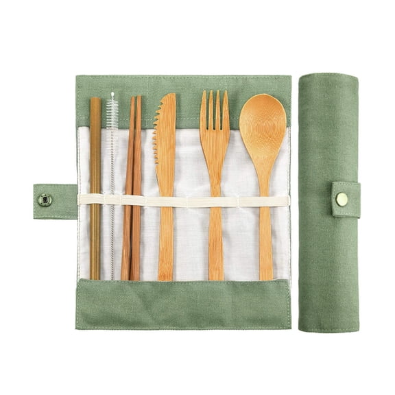 HWHCGZ 1-Pack Bamboo Utensils Set - Straw, Spoon, Fork, Knife, Chopsticks - Reusable Cutlery Set Eco Friendly for Travel Z-Green