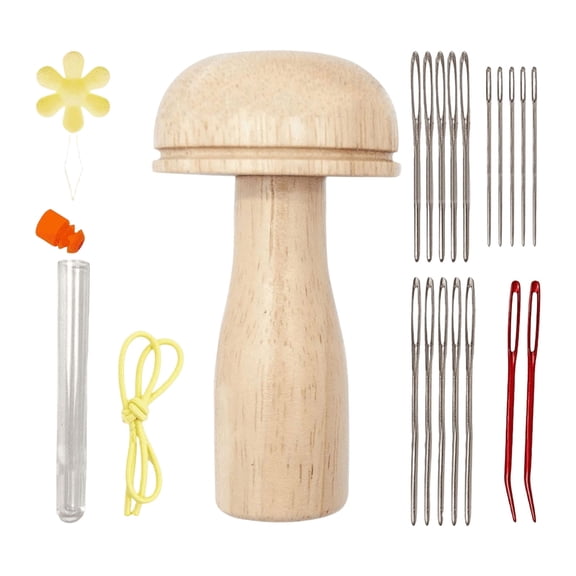 HWHCGZ 1Pc Darning Mushroom Wood Darning Egg Sewing Tool Repair for Darning Socks, Hats, Pants, Sweaters, DIY Sewing Crafts with (1 Syringe+17 Needles+2 Sccessories),Beige