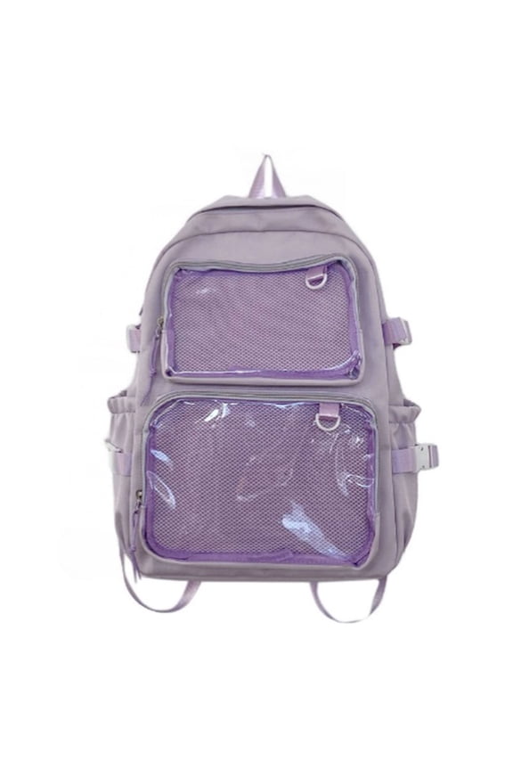 1Pc Transparent Bookbag with Reinforced Straps Multi-pockets PVC See Through Backpacks for College Work Travel Pin Display,Purple