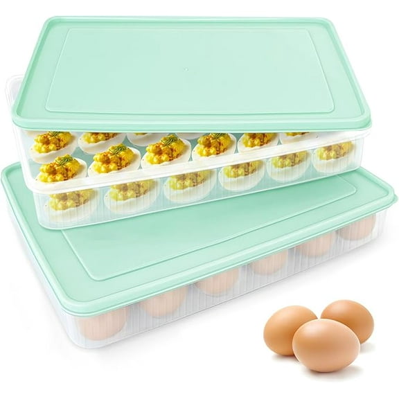 HWHCGZ 2PCS Deviled Egg Containers with Lid,Portable Storage Carrier Egg Holder,Stackable Plastic Egg Tray Carrier for Kitchen,Fridge,Keep Fresh,Easter(48 Eggs) Blue